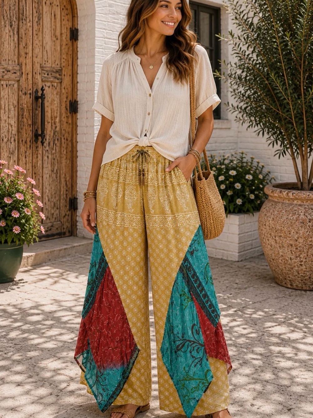 Boho Wide-Leg Patchwork Pants - Yellow Multi